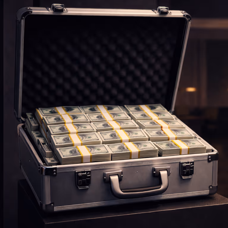 Open briefcase full of cash bundles and banknotes placed on table symbolizing financial success