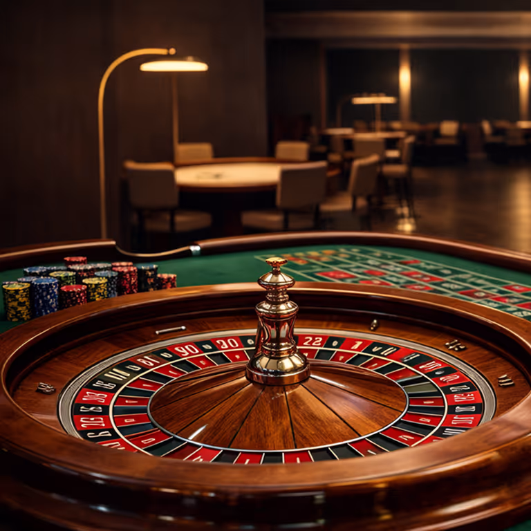 Casino roulette table with spinning wheel and betting layout in luxury gaming environment